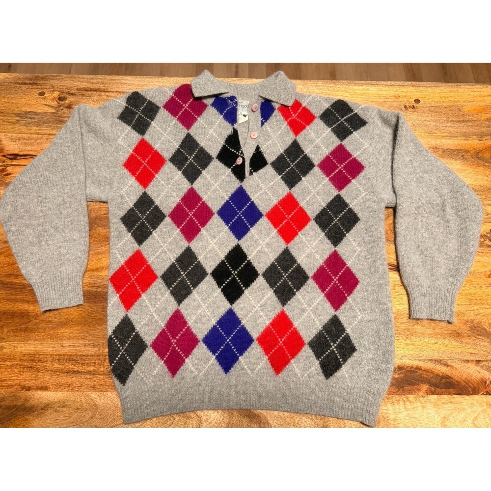 Bloomingdale's Argyle Collared Lambswool Angora Button Sweater Gray M Women
